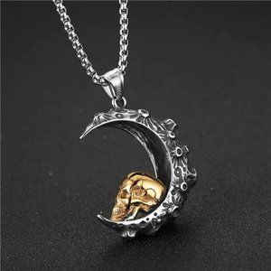Gothic Moon Crescent Skull Stainless Steel Pendant Necklace 22+2 Inch Chain